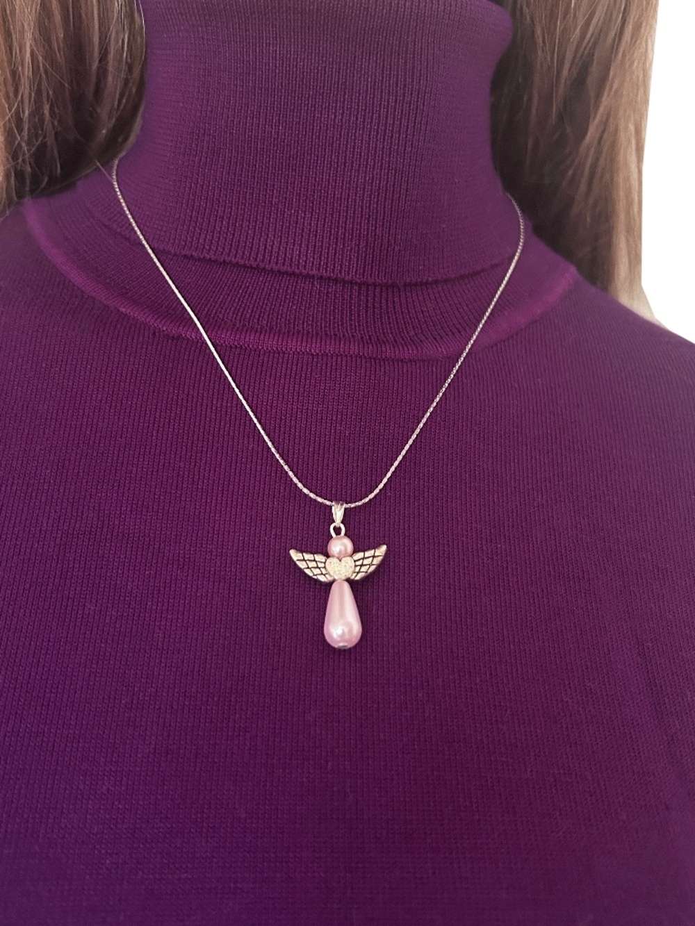 Hand Crafted Guardian Angel Necklace Ivory Pearl Pendant on Silver Plate Chain
